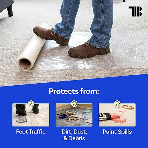 TapeManBlue Carpet Protection Film, 48 inch x 200 feet, Made in The USA, Strong and Durable Plastic Carpet Protector with Easy Unwind and Clean Removal, Clear Self-Adhesive Surface Protective Film