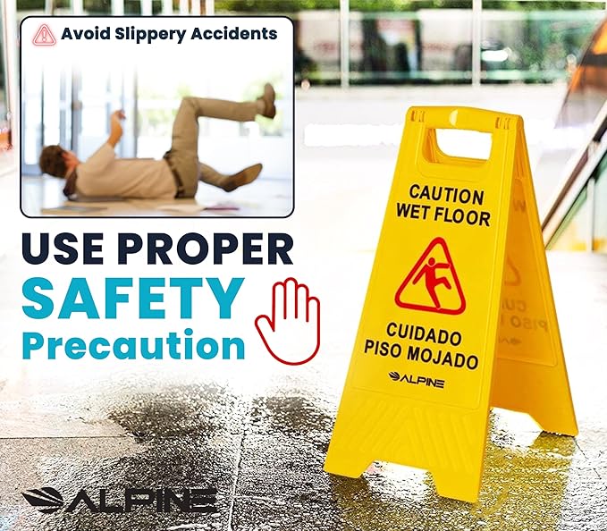 Alpine Wet Floor Signs 3 Pack - 24 Inch Caution Wet Floor Sign, High Visibility Yellow Slippery When Wet Sign - Bilingual Safety Warning Sign to Easily Avoid Slippery Accidents in High Traffic Areas