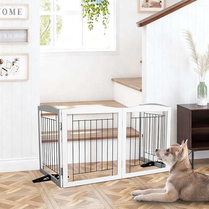 Dog Fence Indoor - 6-Panel Freestanding Dog Gate for Doorways,Hallways, House or Stairs -120x24-Inch Retractable Foldable Expandable Wood Pet by SFJC (White)