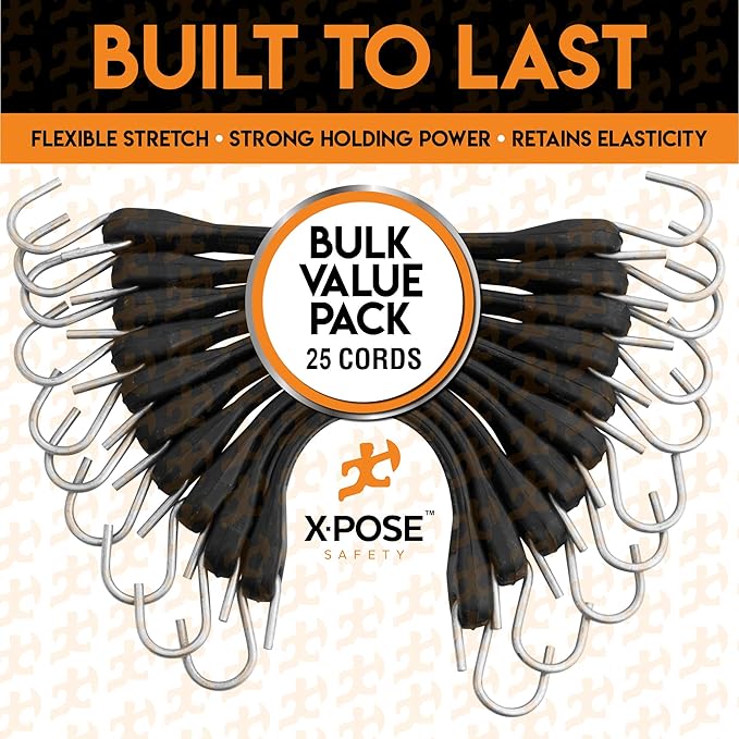 Rubber Bungee Cords with Hooks 25 Pack 9 Inch (14” Max Stretch) Heavy-Duty Black Tie Down Straps for Outdoor, Tarp Covers, Canvas Canopies, Motorcycle, and Cargo - by Xpose Safety