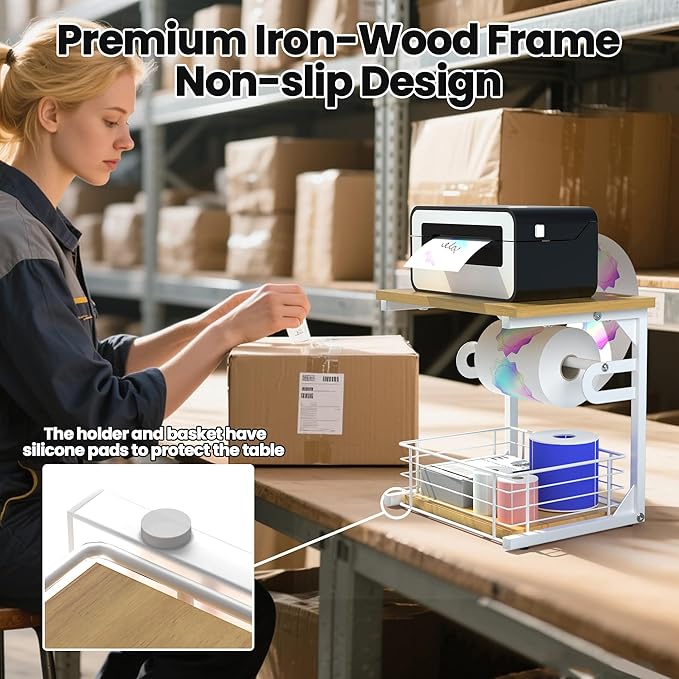 Label Holder for Rolls and Fan-Fold Labels, Wooden Thermal Sticker Roll Holder for Desktop Thermal Label Printer, Solid Shipping Label Holder & Desktop Label Printer Accessory Supplies, White