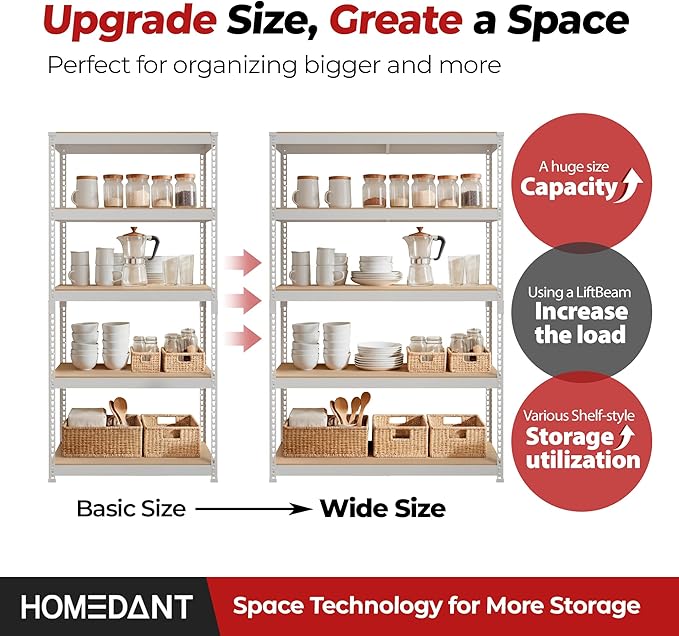 HOMEDANT 5 Tier Storage Shelves Adjustable Laminated Boltless Garage Metal Shelving Unit Heavy Duty Utility Rack Shelf Warehouse Pantry Closet Kitchen (4, (L) 48.1" W, White)