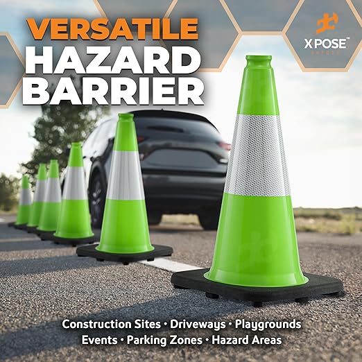 Xpose Safety 18” Lime Green Traffic Cone - 6" Reflective Collar – 4 Pack Premium PVC Safety Cone for Parking, Caution, Construction, Road Crews, Emergency Vehicle - DOT Approved