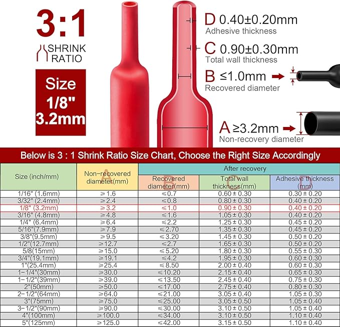 Chanzon 3:1 Ratio 1/8" (3.2mm) Heat Shrink Tubing - Marine Grade Waterproof Adhesive Lined - 8Ft Roll (2.5M Total Length) Red Polyolefin Sleeving Wrap Shrinking 3 to 1 Ratio 1pcs