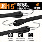 Rubber Bungee Cords with Hooks 10 Pack 15 Inch (23” Max Stretch) - Heavy-Duty Black Tie Down Straps for Outdoor, Tarp Covers, Canvas Canopies, Motorcycle, and Cargo - by Xpose Safety