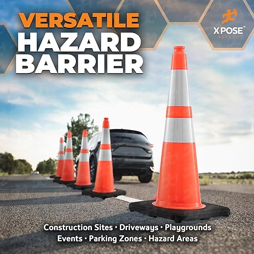 Xpose Safety 28 Inch Orange Slim Line Traffic Cones with 6" & 4" Collar - Bulk Half Pallet 150 Pack - Multipurpose PVC Plastic Safety Cone for Parking, Caution, Kids & Construction - DOT Approved