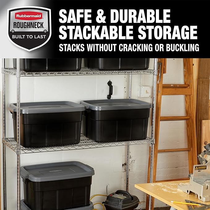 Rubbermaid Heavy Duty Black Storage Bins Plastic Totes with Lids for Storage, Stackable, Large Capacity, Durable, Multipurpose, 14 GAL, 6 Pack (14 GAL - 6 Pack Solid Black and Grey)