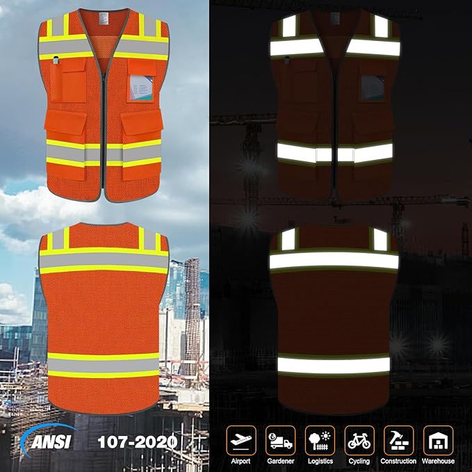 TCCFCCT Reflective Vest 5 Pockets Mesh Safety Vest with Reinforced Zipper, High Visibility Surveyor Work Vest for Men Women with Fluorescent Yellow Edge, Durable to Use, Meets ANSI/ISEA, DW-Orange, XL