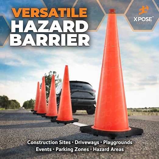 Xpose Safety 28 Inch Orange Traffic Cones Heavy Duty 10lb 6" & 4" Collar - Bulk Half Pallet 125 Pack - Multipurpose PVC Plastic Safety Cone Parking, Soccer, Caution & Construction - DOT Approved