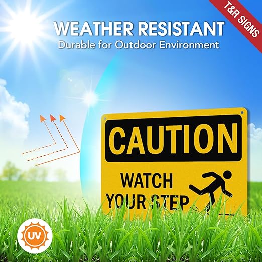T&R Caution Watch Your Step Signs - 2 Pack - 10 x 7 Inches Rust Free .040 Aluminum -Reflective, UV Protected, Waterproof, Weatherproof and Fade Resistant - 4 Pre-drilled Holes