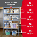 Rubbermaid Roughneck Clear 66 Qt/16.5 Gal Storage Containers, Pack of 4 with Latching Grey Lids, Visible Base, Sturdy and Stackable, Great for Storage and Organization