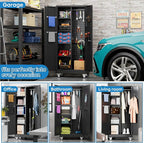 SUXXAN Broom Closet Storage Cabinet with Wheels 71.4"x 31.5"x15.7", Metal Cleaning Cabinets with Hooks and Hanging Rods, Lockable Cabinet with Pegboard, Adjustable Shelf,for Garage, Laundry Room
