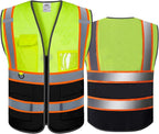 High Visibility Safety Reflective Vest with Pockets and Zipper Construction Hi Vis Work Vest(Yellow/Black S)