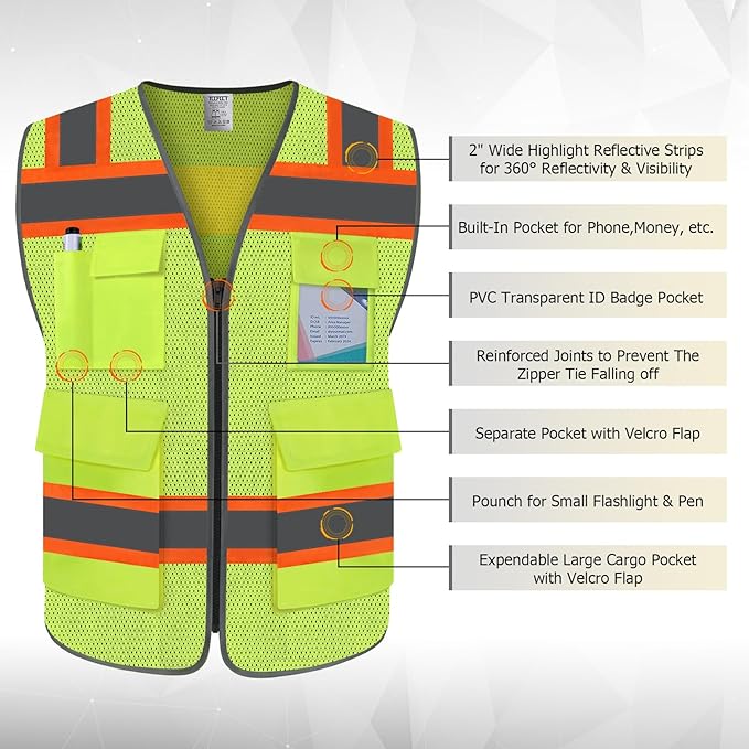 TCCFCCT Safety Vest for Men Women 5 Pockets Mesh High Visibility Reflective Vest with Reinforced Zipper, Durable Construction Work Vest with Fluorescent Orange Edge, Meets ANSI/ISEA, DW-Yellow, 3XL