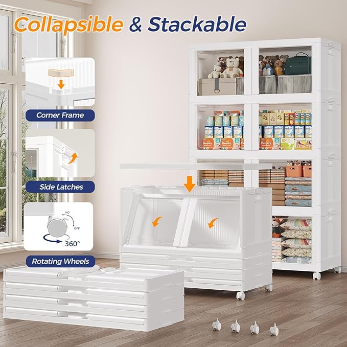 200Gal Plastic Stackable Storage Bins with Lid, 800Qt Collapsible Closet Organizer and Storage, Folding Storage Box with Wheels and Clear Doors for Home Kitchen Office Dorm Room, 4Pack White