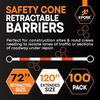 Retractable Barrier for Safety Traffic Cones - 2" OD - Large Yellow and Black Bar Barricade - for Road Construction, Parking, Warning, Temporary Security Divider (100, Orange & White, 72" x 120")