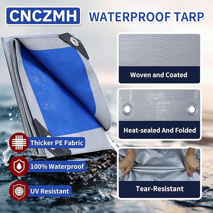 Heavy Duty Tarp Waterproof 16x16 Feet, 10 Mil Thick Silver Blue Poly Tarps Outdoor, Metal Grommets, Reinforced Edges, Multipurpose Tarpaulin Cover for Camping, Boat, Swimming Pools