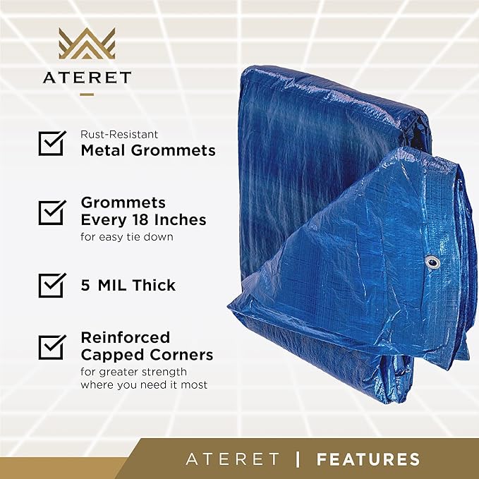 ATERET Multi-Purpose Blue Tarp Cover I Waterproof, 5-Mil Thick Plastic Poly with Grommets Eyes for Secured Tie Down I Great Idea Use for Roof, Camping, Patio, Canopy, Boat, Tent & Camping (15' x 30')