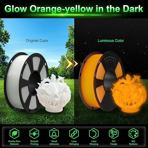 GEEETECH Glow in The Dark PLA Orange Yellow Filament, Neatly Wound 3D Printing Luminous Filament 1.75mm 1Kg Spool(2.2lbs) Dimensional Accuracy +/- 0.02 mm, Fit Most FDM 3D Printers
