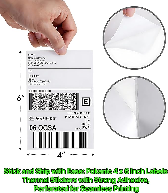 Roll [4 x 6 inch] x [500 Thermal Labels] Direct White Strong Adhesive Perforated Postage Shipping Printer Compatible with Zebra SNBC Epson Rollo (500 Labels, 1 Roll)