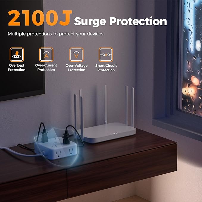 TESSAN Surge Protector Power Strip, 15 Ft Extension Cord Flat Wall Plug with 4 USB (2 USB C) 8 Outlets, 2100J Dual Surge Protection, 20W Desk Charging Station for Home, Office, Dorm Room Essentials