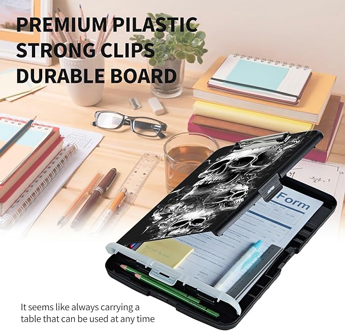 Clipboard with Storage High Capacity Plastic Nursing Clipboards with Pen Holder File Folder Storage Box Clipboard with Heavy Duty Clips for Teacher,Doctor,Offices-Skull