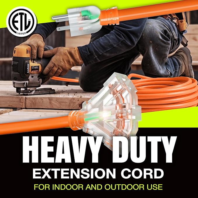 100ft Outdoor/Indoor Extension Cord 3-Outlet 12/3 Gauge Extra Heavy Duty ETL Listed, 3 Prong SJTW, Waterproof, Flexible Cold-Resistant Long Power Cord,15A 125V 1875W, Orange by LifeSupplyUSA