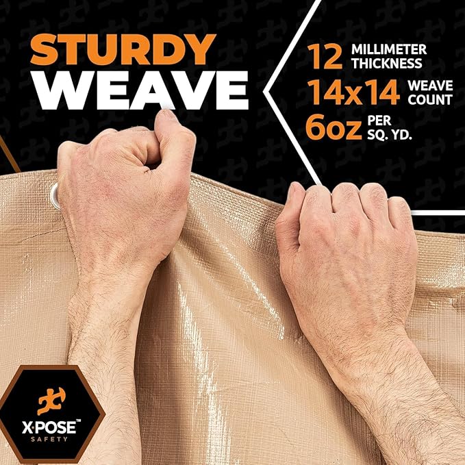 Heavy Duty Tan Poly Tarp 10' X 12' - Bulk Half Pallet (125 Pack) - Multipurpose Protective Cover - Durable, Weather Proof & Tear Resistant - 12 Mil Thick Polyethylene - by Xpose Safety