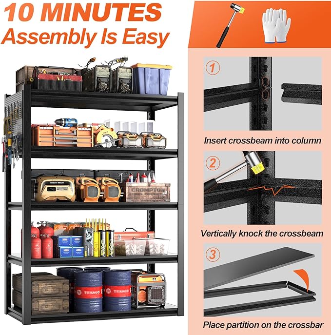 Metal Garage Shelving Unit with Pegboard, Heavy Duty 5-Tier Adjustable Industrial Storage Shelves, 5000 LBS Steel Storage Rack for Garage, Warehouse, Basement, 72"H x 47.2"W x 23.6"D, Black