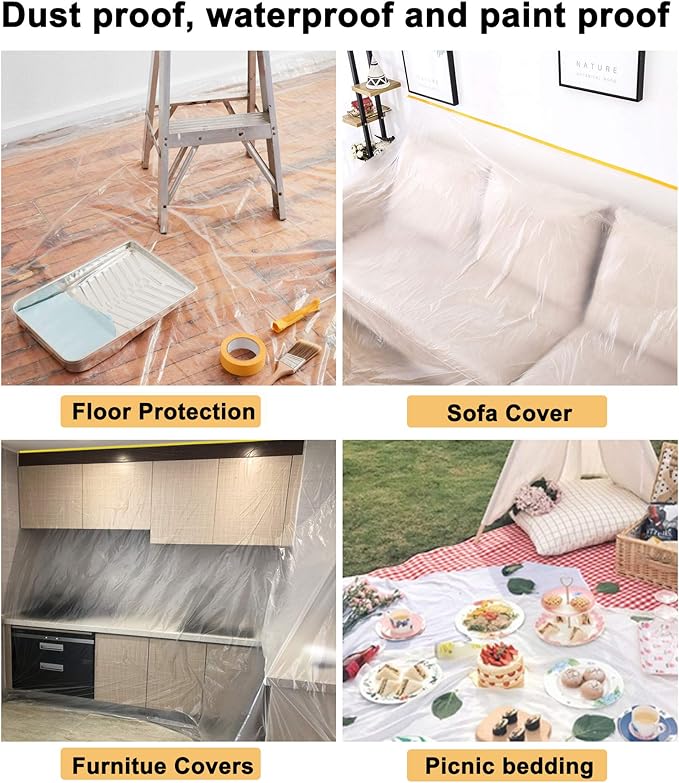 Muf 5 x 65 Feet Plastic Drop Cloth Plastic Sheeting with Masking Tape,Waterproof Protective Masking Film,Prevent Dust Paint for Car,Furniture,Carpet,Floor,1 Pack