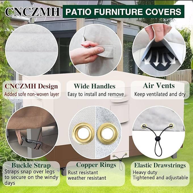 Square Heavy Duty Patio Table Covers Waterproof, 600D Outdoor Dining Table and Chair Set Covers, Outdoor Furniture Cover Waterproof for Sectional Sofa Couch 106''L x 106''W x 32''H, Beige Brown