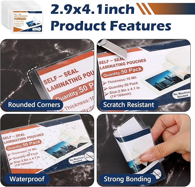 100 Pack 10 Mil 2.9"x4.1" Self Sealing Laminating Pouches Plastic Laminating Sheets Business Card Size Clear Lamination Paper for Office School Home Supplies（Waterproof & No Laminator Need)