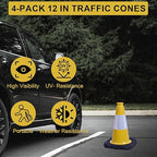 OrangeStar 4-Pack 12" Traffic Cones, Weighted Safety Cones with Reflective Collar for Driving Practice, Sports Training, Parking Lots & Construction, Indoor & Outdoor Use, Yellow