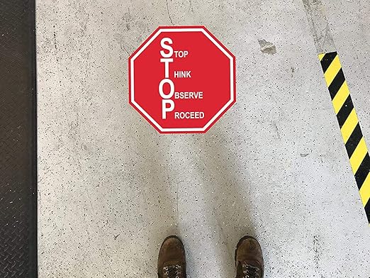 "Stop, Think, Observe, Proceed" Stop Sign- Durable Laminated Vinyl Floor Sign- Sign by Graphical Warehouse- 5S Safety and Security Signage, Visual Communication Tool (30")