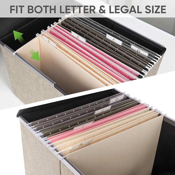 BALEINE File Organizer Box with Lid, Collapsible File Folder Organizer with Plastic Slide, Hanging File Folder Box for Office Document Storage (1 Pack, Beige)