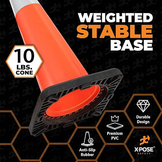 Xpose Safety 36 Inch Orange Slim Line Traffic Cones with 6" & 4" Collars, 48 Pack Multipurpose PVC Plastic Safety Cone for Parking, Soccer, Caution, Kids & Construction - DOT Approved