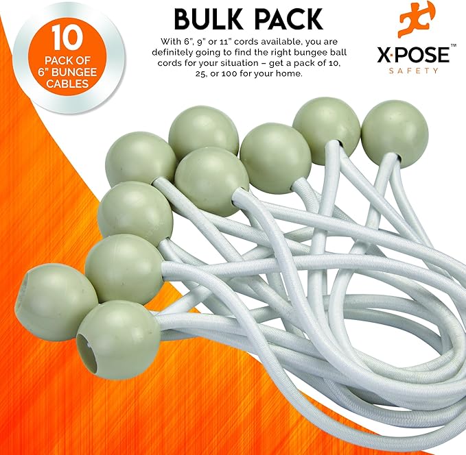 Xpose Safety Bungee Ball Cords 6" 10 Pack Heavy Duty White Stretch Rope with Ball Ties for Canopies, Tarps, Walls, Cable Organization