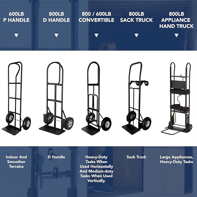 Olympia Tools 800 Lb Steel Hand Truck with D Handle and 10" Pneumatic Wheels for Home and Office Use