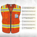 TCCFCCT High Visibility Vest 5 Pockets Mesh Reflective Safety Vest for Men Women, Hi Vis Work Vest with Reinforced Zipper and Fluorescent Yellow Edge, Durable to Use, Meets ANSI/ISEA, DW-Orange, M