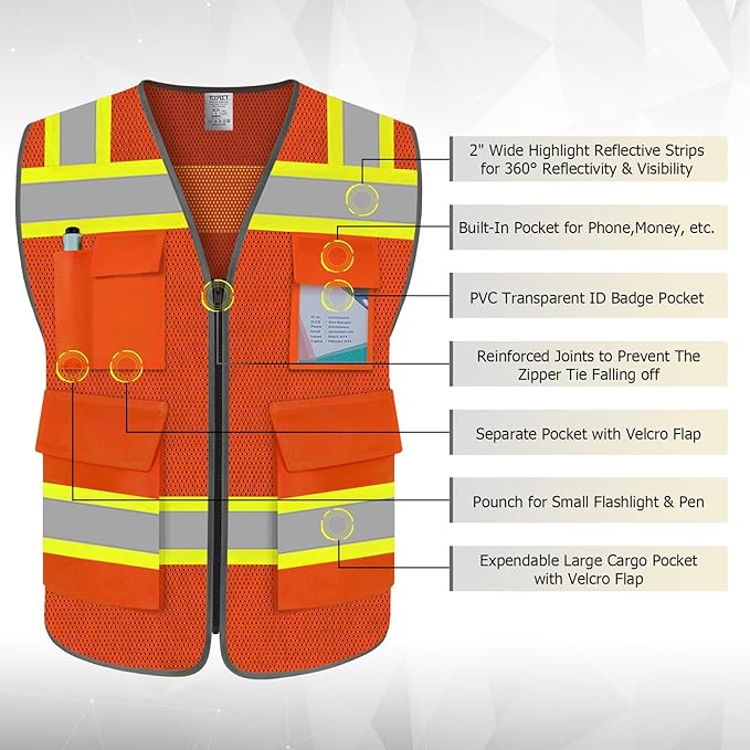 TCCFCCT Reflective Vest 5 Pockets Mesh Safety Vest with Reinforced Zipper, High Visibility Surveyor Work Vest for Men Women with Fluorescent Orange Edge, Durable to Use, Meets ANSI/ISEA,DW-Orange, 4XL