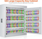 100 Keys White Key Cabinet, Anti-Theft Key Lock Box with Key Tags, Adjustable Key Organizer Wall Safe for Car Office House Garage Rental Business