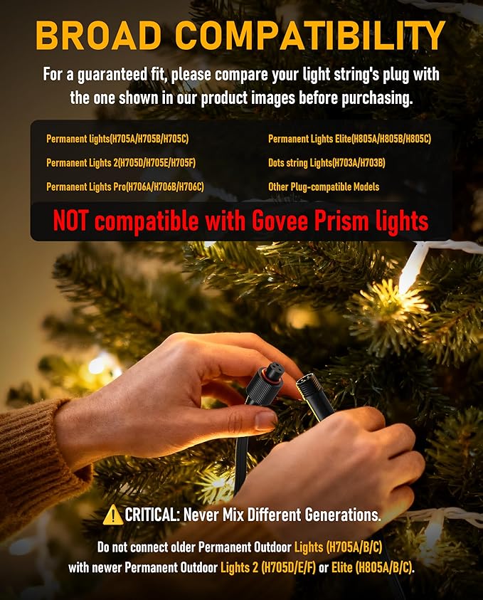 10FT Extension Cable for Govee Permanent Outdoor Lights (H705A-H706C), IP68 Waterproof 3-Pin Extension Cord, 22AWG Pure Copper Wire, Expand Holiday Lighting for Christmas, New Year, Roof, Black