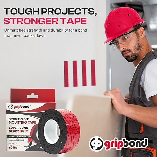 GripBond Black Super Bond Heavy Duty Double Sided Tape, 1 Roll (10 Ft), 1.2” x 120” – Waterproof Adhesive Mounting Tape for Indoor/Outdoor, Walls, Automotive, Car, LED Strip Lights, Home, Office