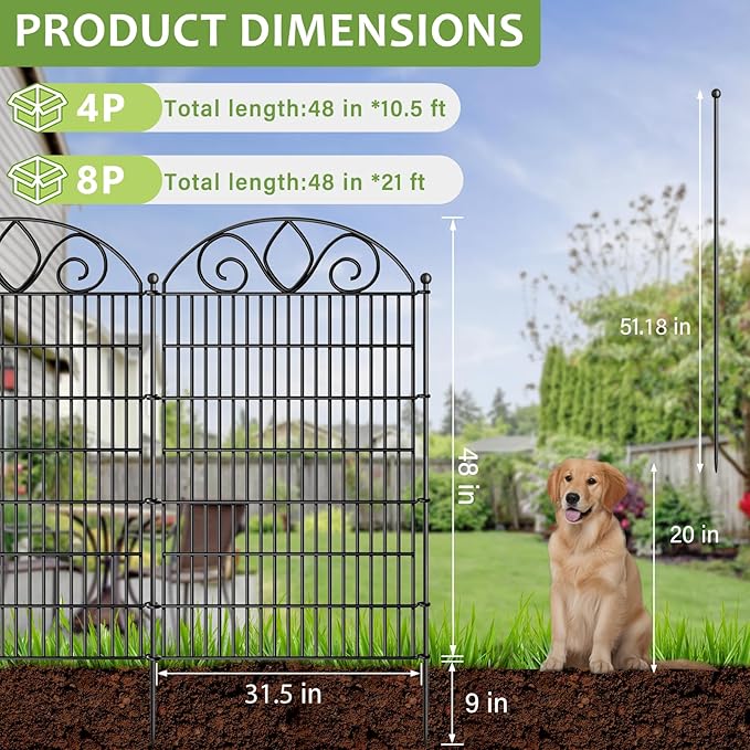 4 Panels No Dig Tall Garden Fence Panel – 48" H X 10.5' L Rustproof Metal Dog Fence Outdoor for Yard, Decorative Animal Barrier Fence for Pet, Garden Border, Patio, Flower Beds| Temporary Fencing