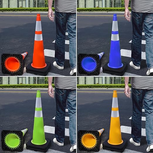 6 Pack 36" Large-Sized PVC Traffic Cones with Heavy-Duty Black Base, Garage Parking Lot Cones Structurally Stable Weatherproof Road Construction Safety Cones (6, Green, 36" Extra Large)
