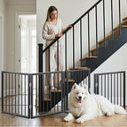 Vantas Folding No-Assembly Metal Pet Gate 80" Wide, 24" Extra Tall Dog Gate with Door Walk Through, Freestanding Accordion Puppy Gate Dog Door for Indoor & Outdoor, with 2PCS Support - Black