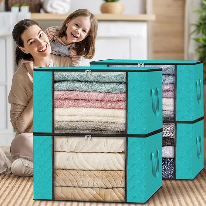 Fab totes Storage Bags,Clothes Blanket Storage Bins Foldable Closet Organizers with Reinforced Handle for Home Dorm Storage and Organization,Fabric Bags for Organizing Sheets,Clothing (Green,4 Pack)
