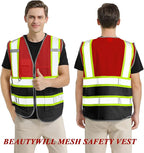5 Pack Custom Safety Vest Customized Logo Mesh Vest Class 2 High Visibility Reflective Vest with Pockets Workwear（Red Black，XXL ）