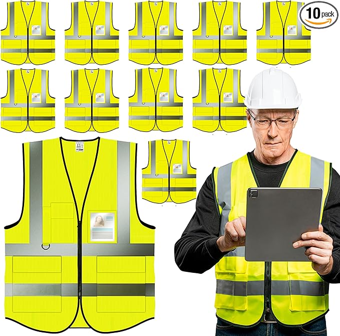 PeerBasics Safety Vest 10 Pack, Yellow, ANSI Class 2, Reflective, For Men Women Unisex, With Pockets Zipper, Breathable Mesh (XX-Large)