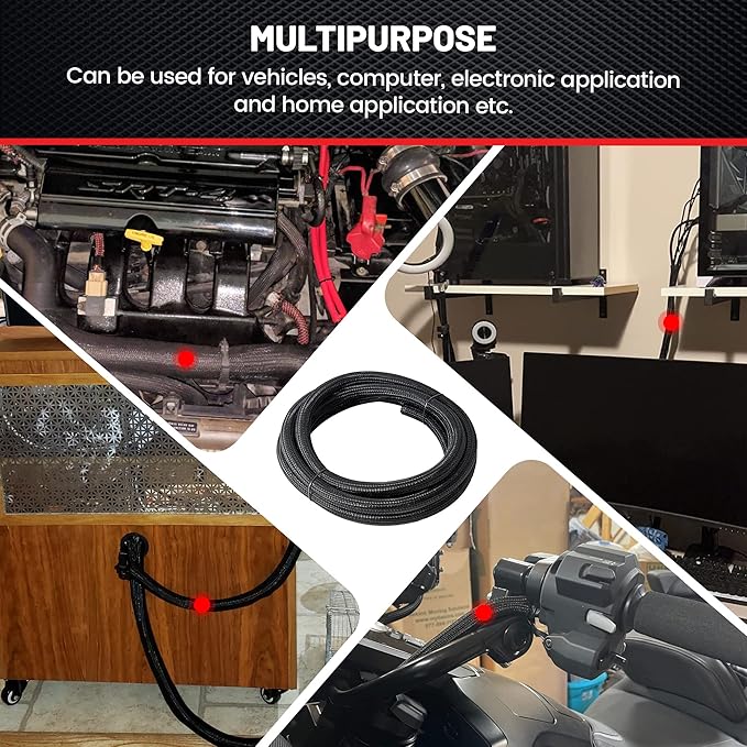 RED WOLF 1/4” x 10FT Cable Sleeves Cord Management Braided Wire Loom Sleeving Protector Wiring Cable Cover Flexible Self-Wrap for Automotive Home Office Anti-Scratch High-Temperature Black